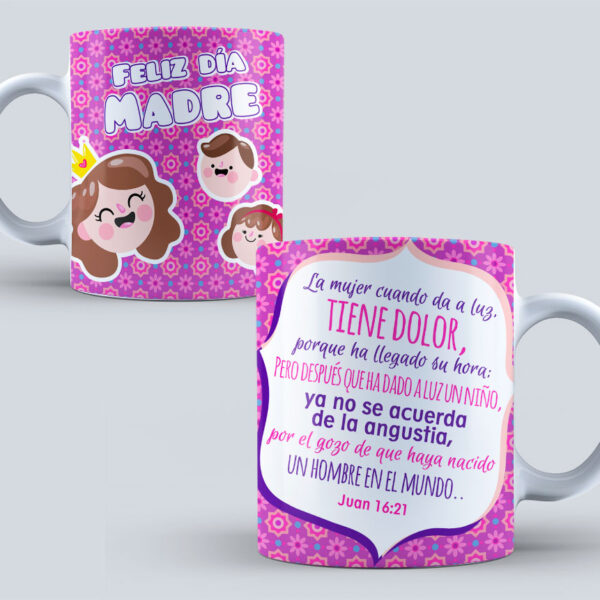 Taza Feliz Día Madre – Versículo Juan 1621 con Diseño Tierno y Colorido