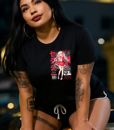 Camiseta Negra Unisex “Anime Girl Red” – Moda Streetwear Japonesa en Algodón Premium 190 g/m²