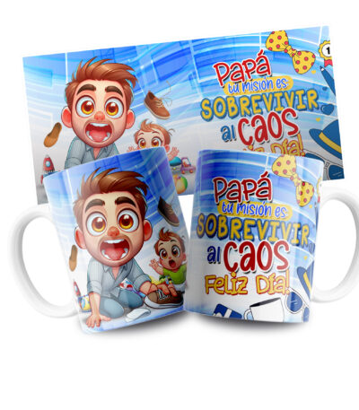 Taza “Papá, tu misión es sobrevivir al caos” – Regalo Divertido y Original para Papá