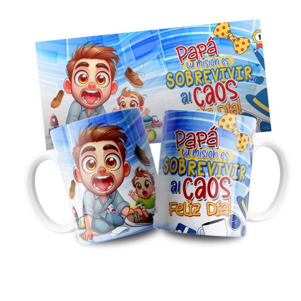 Taza “Papá, tu misión es sobrevivir al caos” – Regalo Divertido y Original para Papá