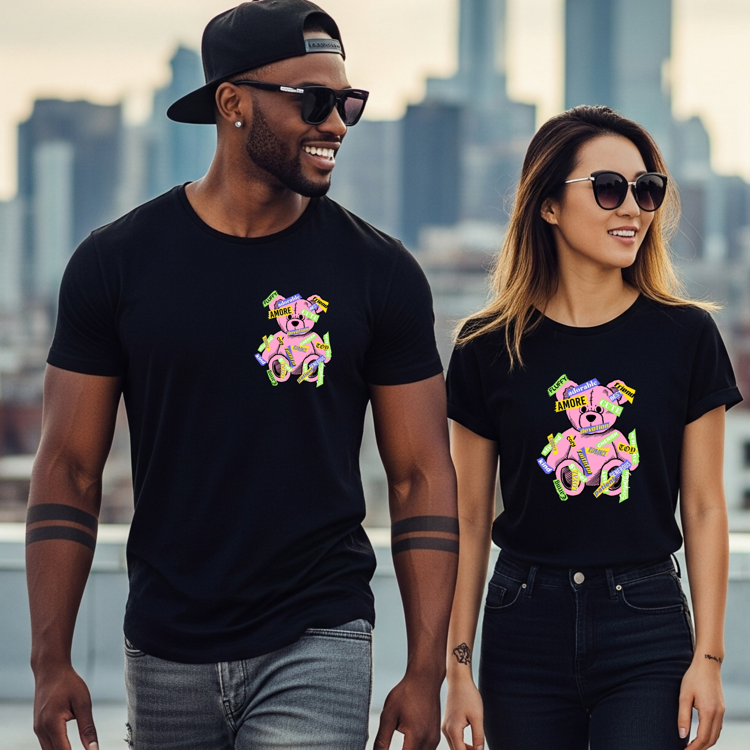 Camiseta Negra Unisex “Amore” – Diseño colorido con oso rosa y frases en neón Camiseta Negra Unisex “Amore” – Diseño colorido con oso rosa y frases en neón