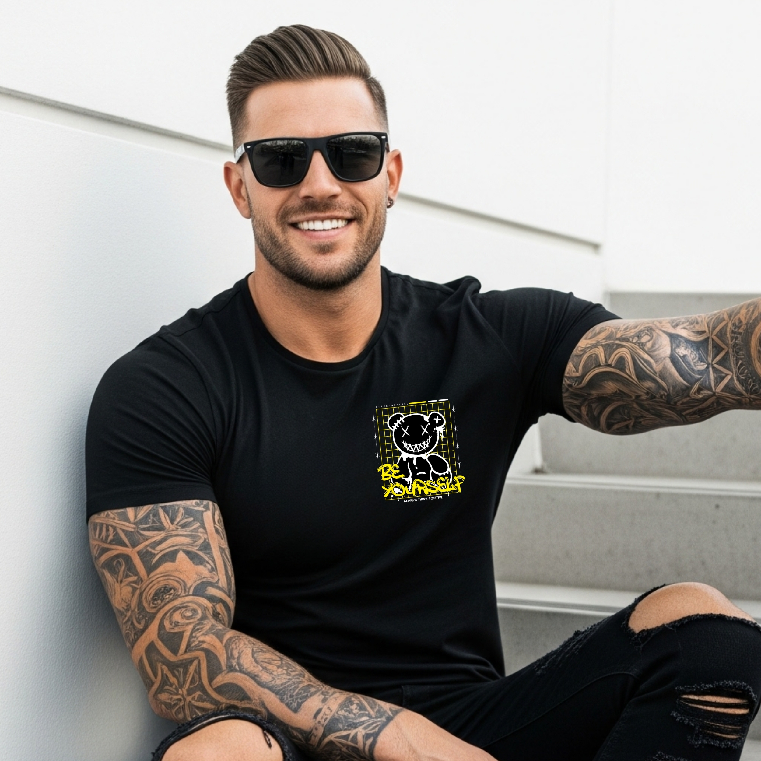 Camiseta Negra Unisex “Be Yourself” – Diseño con oso y tipografía en contraste Camiseta Negra Unisex “Be Yourself” – Diseño con oso y tipografía en contraste
