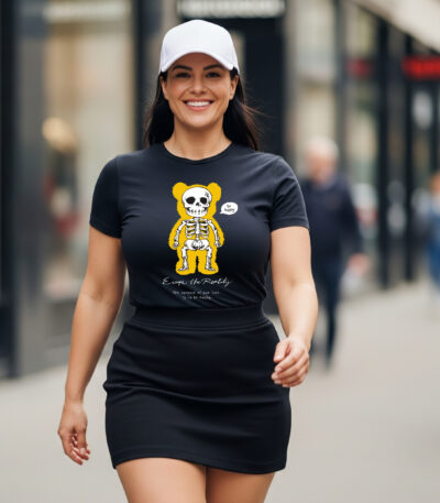 Camiseta Negra Unisex “Be Happy” – Diseño Oso Esqueleto Amarillo