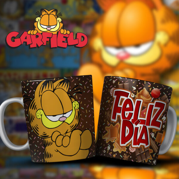 Taza Garfield “Feliz Día” Dulce – Chocolate, Caramelos y Buen Humor