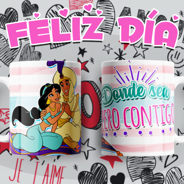 Taza Aladdín y Jazmín – Donde Sea Pero Contigo – Especial Feliz Día – Regalo Romántico Disney