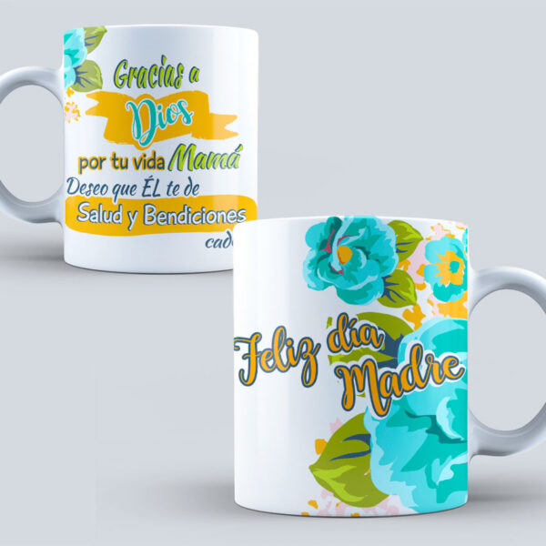 Taza “Gracias a Dios por tu vida Mamá” – Regalo original Día de la Madre, diseño floral,