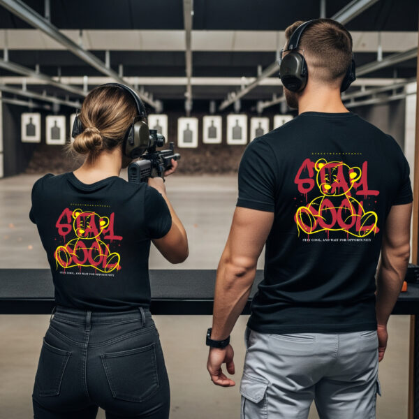 Camiseta Negra Unisex “Stay Cool” – Diseño trasero con oso minimalista y mensaje motivador