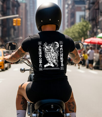 Camiseta Negra Premium «Life is Unfair» – Estilo Urbano con Búho y Tipografía Japonesa