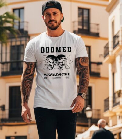 Camiseta Blanca «Doomed Worldwide» – Moda Streetwear de Impacto