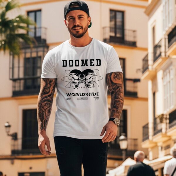 Camiseta Blanca «Doomed Worldwide» – Moda Streetwear de Impacto