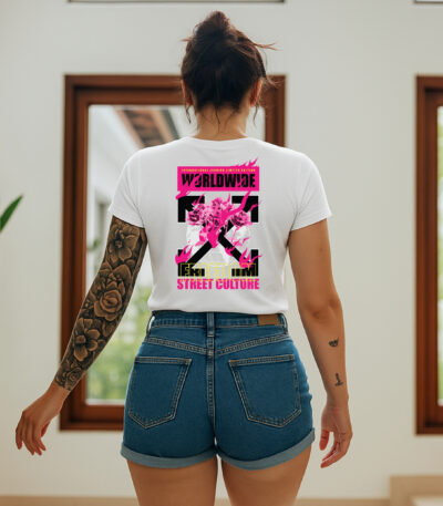 Camiseta Blanca Premium Unisex "Worldwide Freedom" – Diseño Street Culture en Rosa y Amarillo