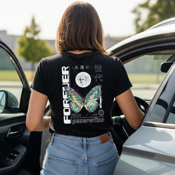 Camiseta Negra Premium «Forever Generation» – Streetwear Futurista con Detalles Artísticos