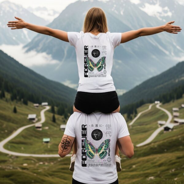 Camiseta Blanca Premium Unisex "Forever Generation" – Diseño Mariposa Futurista con Detalles Japoneses