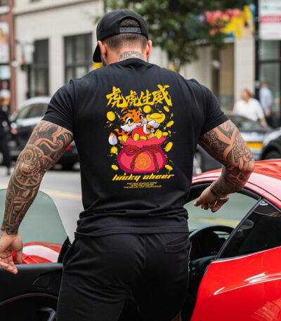Camiseta Negra Premium Unisex "Lucky Cheer Tiger" – Estilo Urbano con Diseño Asiático de Suerte